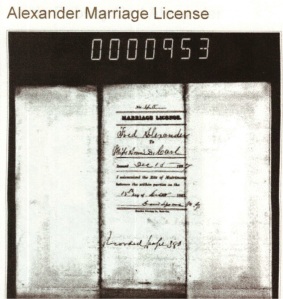 Marriage Certificate of Annie and Carl Alexander.  Certificate courtesy of Joyce Mullen. 